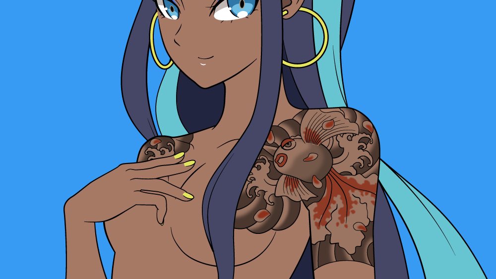 1girl, arm_tattoo, blue_background, blue_eyes, blue_hair, breasts, closed_mouth, commentary, earrings, gen_1_pokemon, goldeen, hair_over_breasts, hand_on_own_chest, hoop_earrings, jewelry, light_blue_hair, long_hair, looking_at_viewer, medium_breasts, multicolored_hair, nail_polish, nessa_(pokemon), panasonynet, pokemon, pokemon_(game), pokemon_swsh, shoulder_tattoo, sidelocks, simple_background, smile, solo, tattoo, topless, two-tone_hair, upper_body, yellow_nails