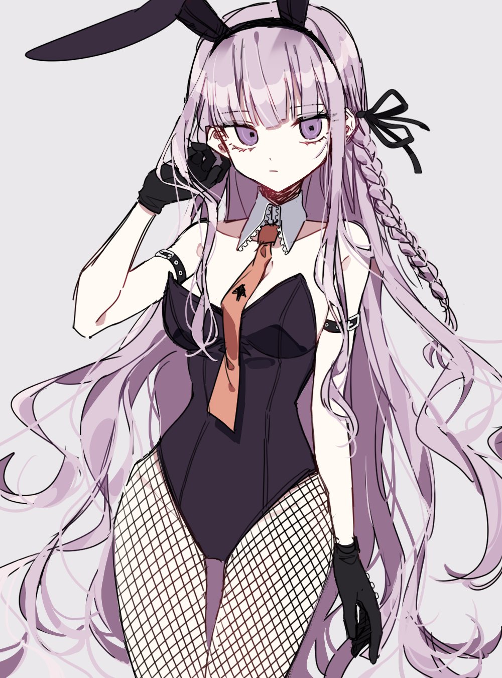1girl, 3j_dangan, animal_ears, arm_belt, armlet, bangs, bare_shoulders, black_gloves, black_leotard, braid, breasts, dangan_ronpa:_trigger_happy_havoc, dangan_ronpa_(series), expressionless, fake_animal_ears, fishnet_legwear, fishnets, gloves, highres, kirigiri_kyouko, leotard, long_hair, looking_at_viewer, playboy_bunny, purple_hair, rabbit_ears, solo, thigh_gap, very_long_hair, violet_eyes