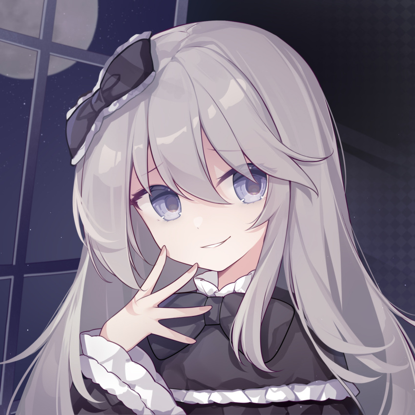 1girl, bangs, black_bow, black_dress, blue_eyes, bow, commentary_request, dress
