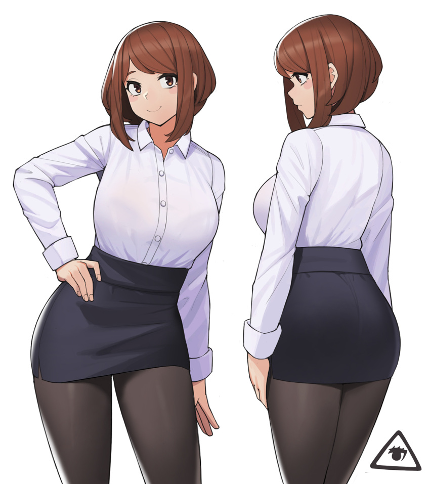 1girl, ass, black_legwear, blush, boku_no_hero_academia, breasts, brown_eyes, brown_hair