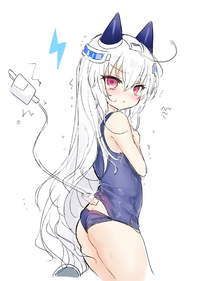 1girl, :t, ass, bangs, bare_arms, bare_shoulders, blue_swimsuit, blush, closed_mouth, eyebrows_visible_through_hair, hair_between_eyes, hair_ornament, indie_virtual_youtuber, lightning_bolt_symbol, long_hair, looking_at_viewer, looking_to_the_side, official_art, old_school_swimsuit, one-piece_swimsuit, padko, pout, red_eyes, school_swimsuit, shiodome_oji, simple_background, solo, swimsuit, tail, tail_raised, trembling, very_long_hair, virtual_youtuber, wet, wet_hair, white_background, white_hair