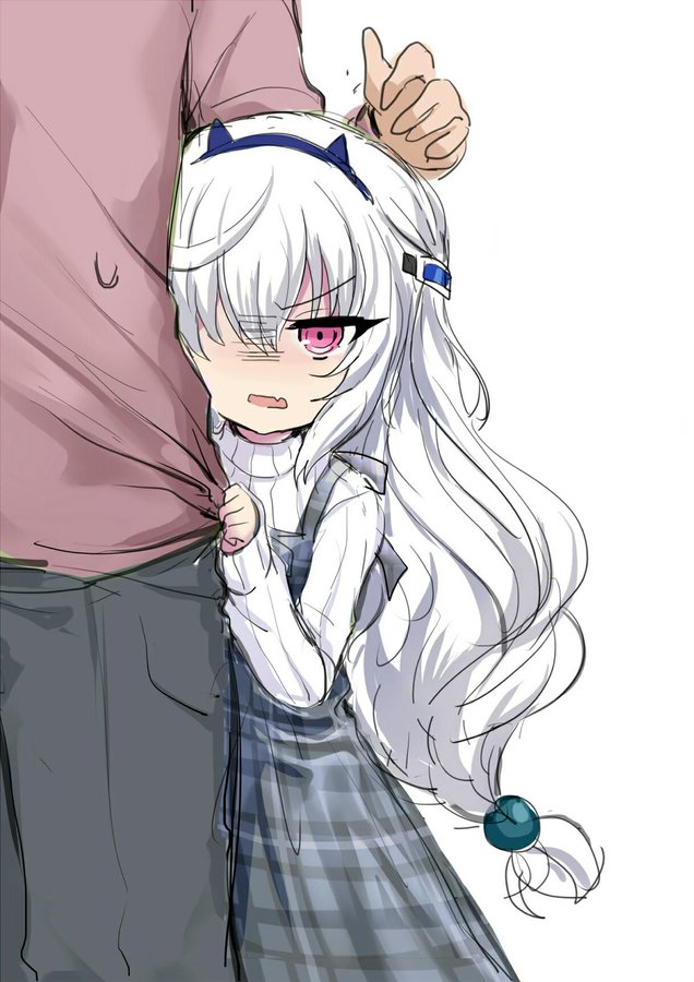 1boy, 1girl, bangs, black_pants, brown_shirt, dress, eyebrows_visible_through_hair, fang