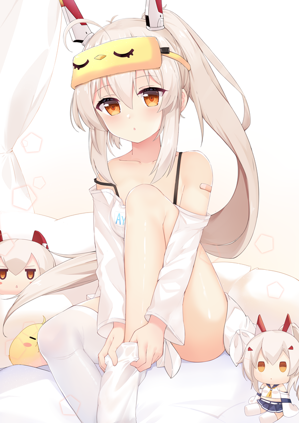 1girl, adjusting_clothes, adjusting_legwear, ass, ayanami_(azur_lane), ayanami_(off-duty_battle_station_gear)_(azur_lane), azur_lane, bandaid