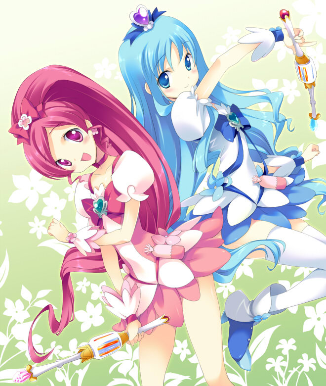 2girls, blue_eyes, blue_hair, blush, boots, bow, cure_blossom, cure_marine