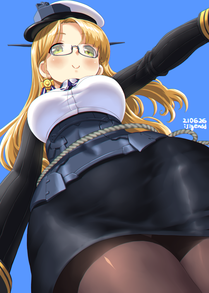 1girl, bangs, blonde_hair, blush, breasts, commentary, dd_(ijigendd), eyebrows_visible_through_hair, from_below, glasses, green_eyes, hat, kantai_collection, large_breasts, long_hair, long_sleeves, looking_at_viewer, northampton_(kancolle), pantyhose, pencil_skirt, simple_background, skirt, smile, solo