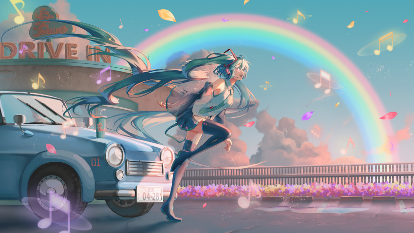1girl, :d, beamed_eighth_notes, bendy_straw, black_footwear, black_legwear, black_skirt, black_sleeves, blue_sky, boots, car, clouds, collared_shirt, commentary_request, cup, day, detached_sleeves, disposable_cup, drinking_straw, drive-in, eighth_note, english_text, floating_hair, flower, green_hair, green_neckwear, ground_vehicle, hatsune_miku, headphones, headset, highres, long_hair, long_sleeves, looking_away, motor_vehicle, musical_note, necktie, open_mouth, outdoors, petals, pink_flower, pleated_skirt, profile, purple_flower, railing, rainbow, saihate_(d3), see-through, see-through_sleeves, shirt, skirt, sky, sleeveless, sleeveless_shirt, smile, solo, standing, standing_on_one_leg, thigh-highs, thigh_boots, twintails, very_long_hair, vocaloid, white_shirt, wide_sleeves, yellow_flower