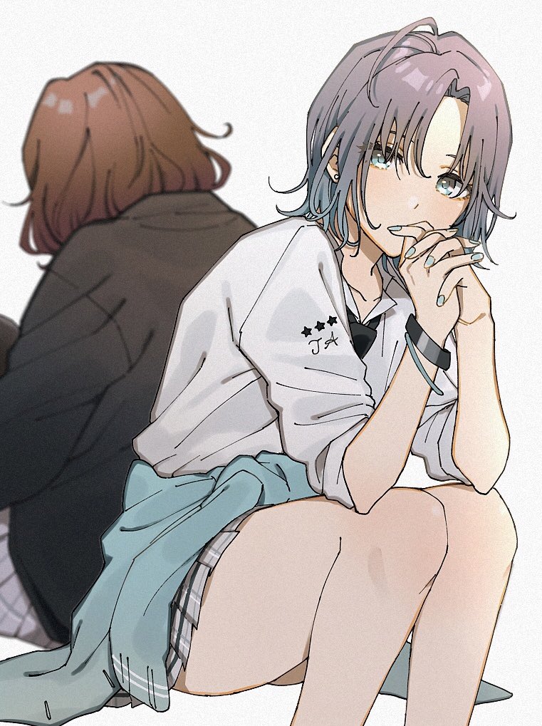 2girls, asakura_tooru, bare_legs, black_jacket, black_neckwear, blue_eyes, blue_hair, blue_nails