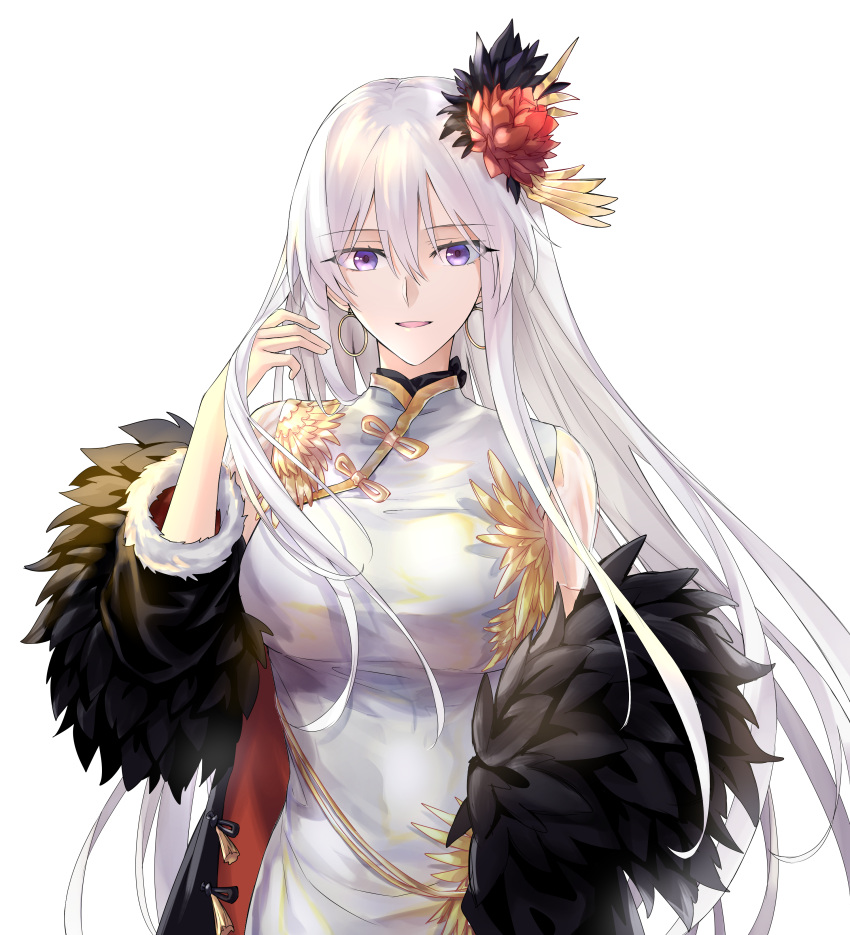 1girl, absurdres, azur_lane, bangs, black_coat, china_dress, chinese_clothes, coat, dress, earrings, english_commentary, enterprise_(azur_lane), enterprise_(blooming_peony)_(azur_lane), eyebrows_visible_through_hair, flower, fur_trim, hair_between_eyes, hair_flower, hair_ornament, highres, hoop_earrings, jewelry, long_hair, looking_at_viewer, off_shoulder, official_alternate_costume, silver_hair, simple_background, solo, suprii, upper_body, violet_eyes, white_background