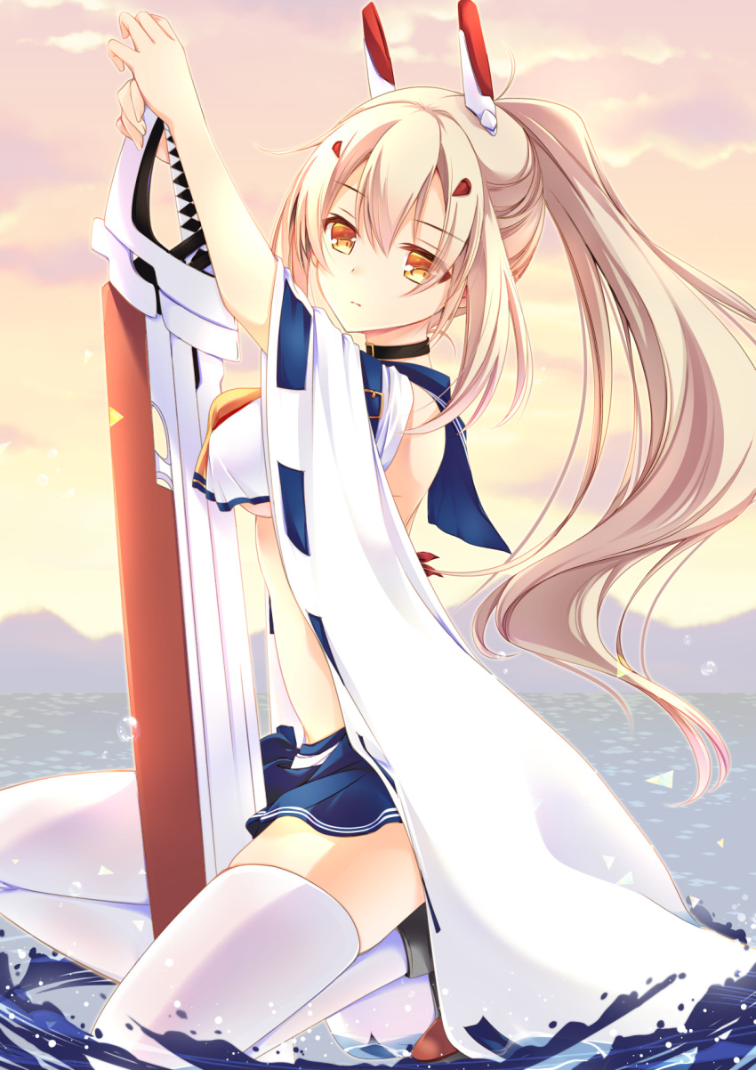 1girl, afloat, ayanami_(azur_lane), azur_lane, bangs, belt, blue_skirt, blurry, breasts, choker, commentary_request, depth_of_field, detached_sleeves, eyebrows_visible_through_hair, eyes_visible_through_hair, greatsword, hair_ornament, hairclip, head_tilt, headgear, highres, holding, holding_sword, holding_weapon, kneeling, long_hair, looking_at_viewer, midriff, mitsukiriko, ocean, orange_eyes, pleated_skirt, ponytail, retrofit_(azur_lane), ribbon-trimmed_sleeves, ribbon_trim, school_uniform, serafuku, sidelocks, silver_hair, skirt, solo, sword, thigh-highs, twilight, under_boob, weapon, white_legwear, wide_sleeves, zettai_ryouiki