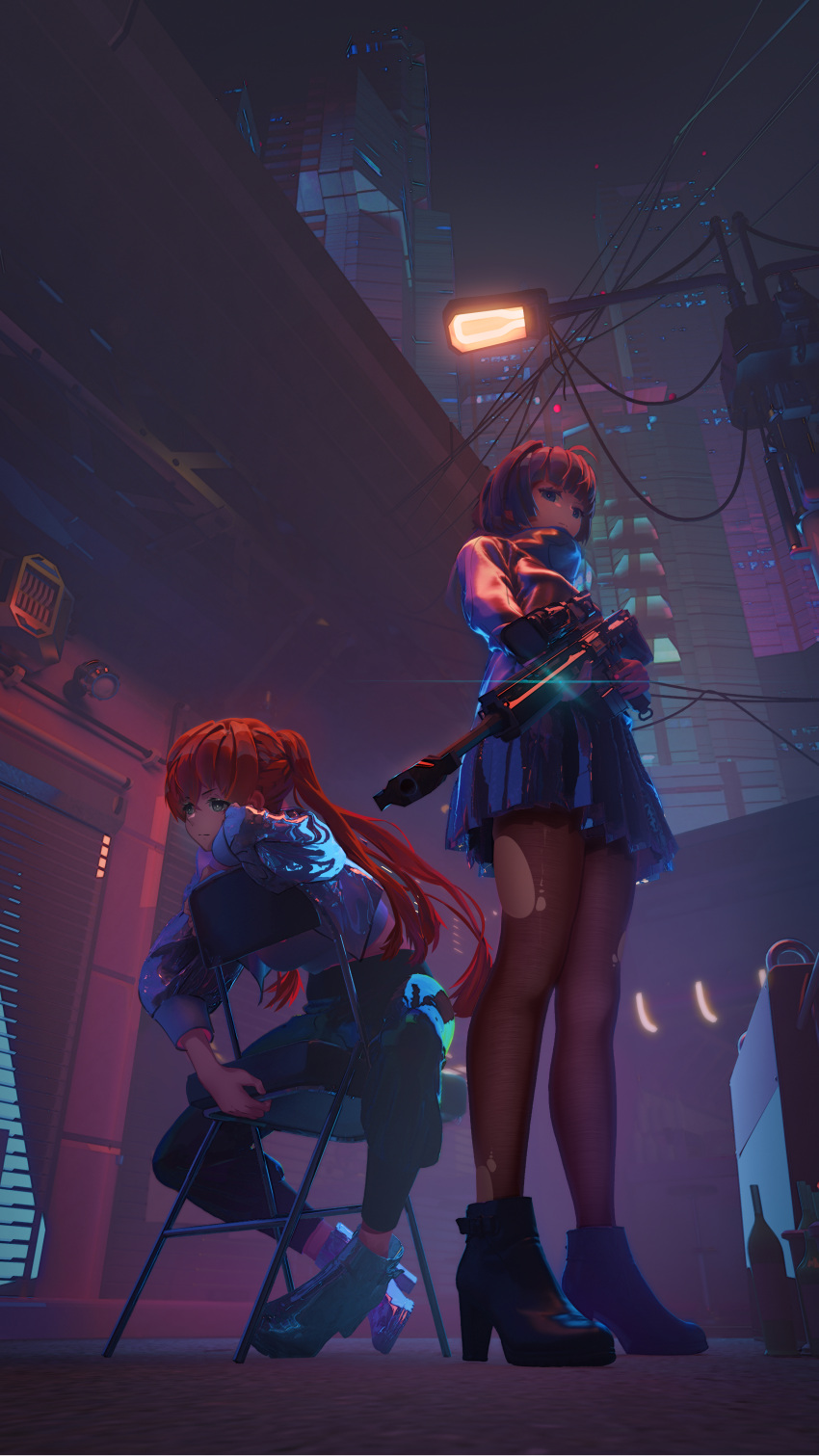 absurdres, antenna_hair, bangs, black_eyes, black_hair, blue_eyes, blue_jacket, boots, chair, city, city_lights, cityscape, crossover, full_body, gao_guangyue, gun, hair_between_eyes, highres, holding, holding_gun, holding_weapon, honkai_(series), honkai_impact_3rd, huge_filesize, jacket, leggings, long_hair, long_sleeves, looking_at_viewer, neon_genesis_evangelion, night, night_sky, orange_hair, outdoors, pants, raiden_mei, rifle, scenery, shoes, sitting, sky, sneakers, sniper_rifle, souryuu_asuka_langley, standing, torn_clothes, torn_legwear, twintails, weapon