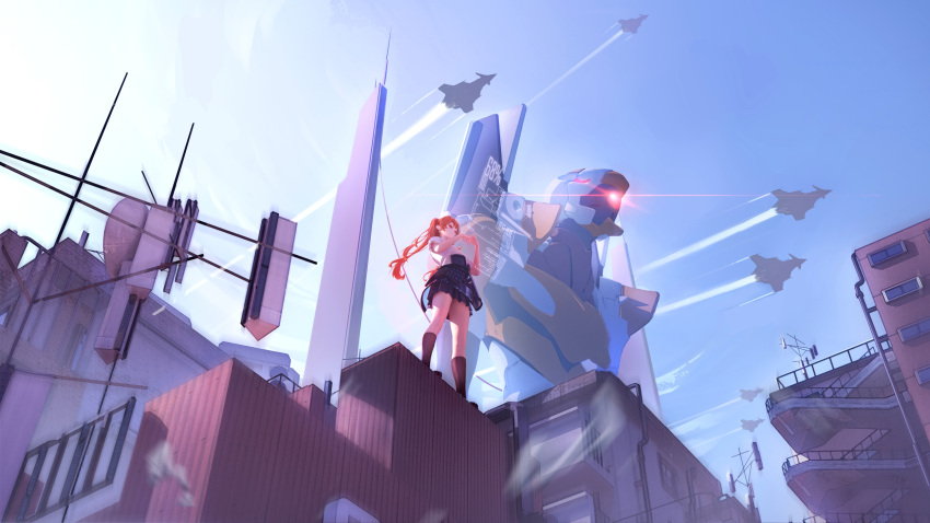 1girl, aircraft, airplane, antennae, bangs, black_legwear, blue_sky, building