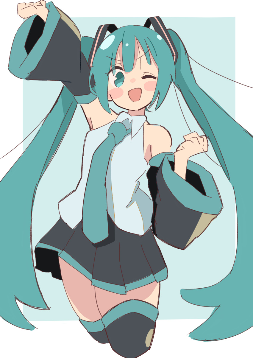 1girl, ;d, absurdres, arm_up, bangs, black_legwear, black_skirt, black_sleeves
