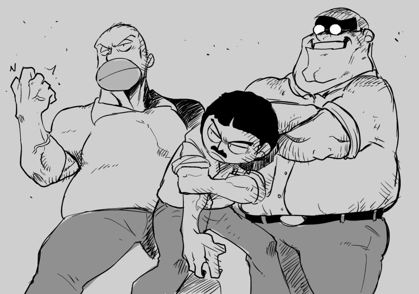 3boys, bald, belt, belt_buckle, black_hair, buckle, buttons, clenched_teeth
