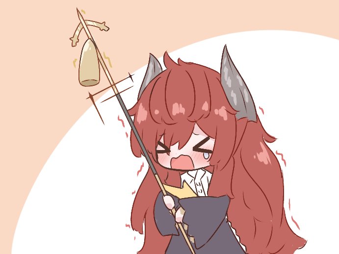 >_<, 1girl, arknights, black_skirt, black_sleeves, blush, chibi, domma_(arknights), hair_between_eyes, holding, kurotofu, long_hair, open_mouth, redhead, shirt, skirt, solo, tears, very_long_hair, white_shirt
