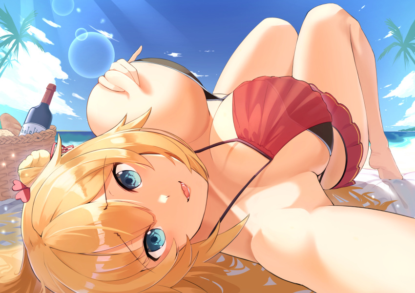 1girl, :p, absurdres, akai_haato, artist_request, basket, blonde_hair, blue_eyes