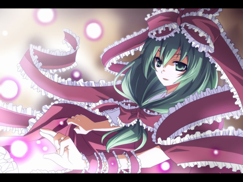 frills, green_eyes, green_hair, hair_bow, kagiyama_hina, sakura_(lilak_a), sakura_(pixiv263198), solo