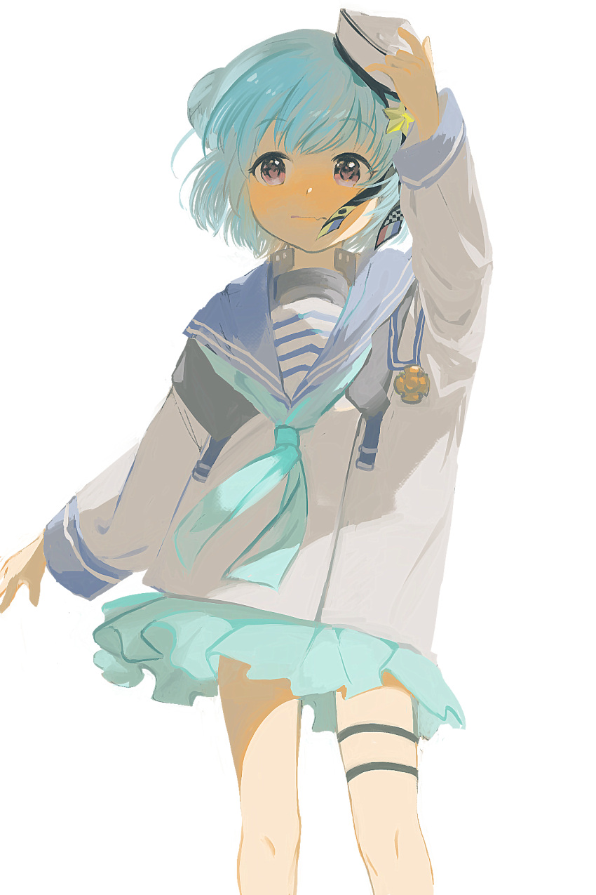 1girl, aqua_hair, aqua_neckwear, aqua_skirt, bangs, blue_sailor_collar, blush, closed_mouth
