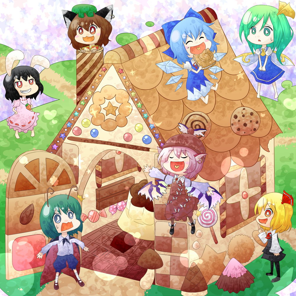 6+girls, :<, :3, :d, animal_ears, antennae, black_hair, blonde_hair