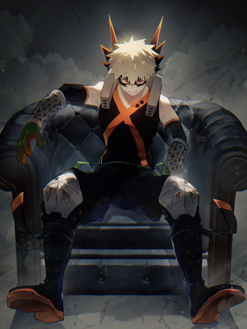 1boy, bakugou_katsuki, bangs, black_footwear, black_pants, blonde_hair, boku_no_hero_academia, boots, chair, detached_sleeves, eye_mask, gloves, grey_background, hair_between_eyes, highres, knee_pads, male_focus, mask, orange_eyes, pants, ryo_(piggerworld), shirt, simple_background, sitting, sleeveless, sleeveless_shirt, smile, solo, spiky_hair