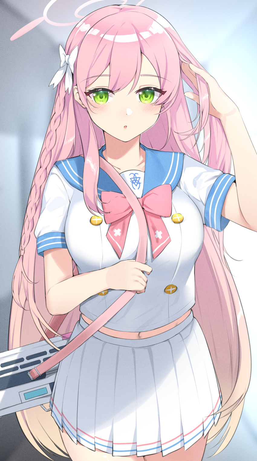 1girl, :o, bag, blush, braid, eyebrows_visible_through_hair, green_eyes, hair_ribbon