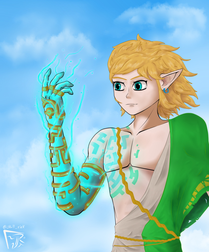 1boy, artist_name, bare_pectorals, blonde_hair, blue_eyes, blue_sky, clouds, cloudy_sky, earrings, glowing, glowing_eyes, glowing_hand, highres, jewelry, light_particles, lightning, link, long_hair, messy_hair, pectorals, pointy_ears, richart, rope_belt, self_upload, single_bare_shoulder, sky, tattoo, the_legend_of_zelda, the_legend_of_zelda:_breath_of_the_wild, the_legend_of_zelda:_breath_of_the_wild_2, torn_clothes