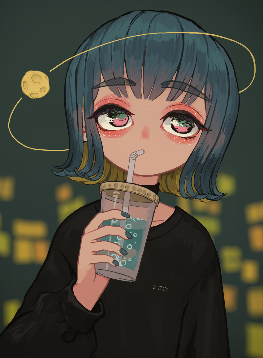 1girl, absurdres, black_hair, black_nails, black_shirt, blurry, blurry_background, brown_hair