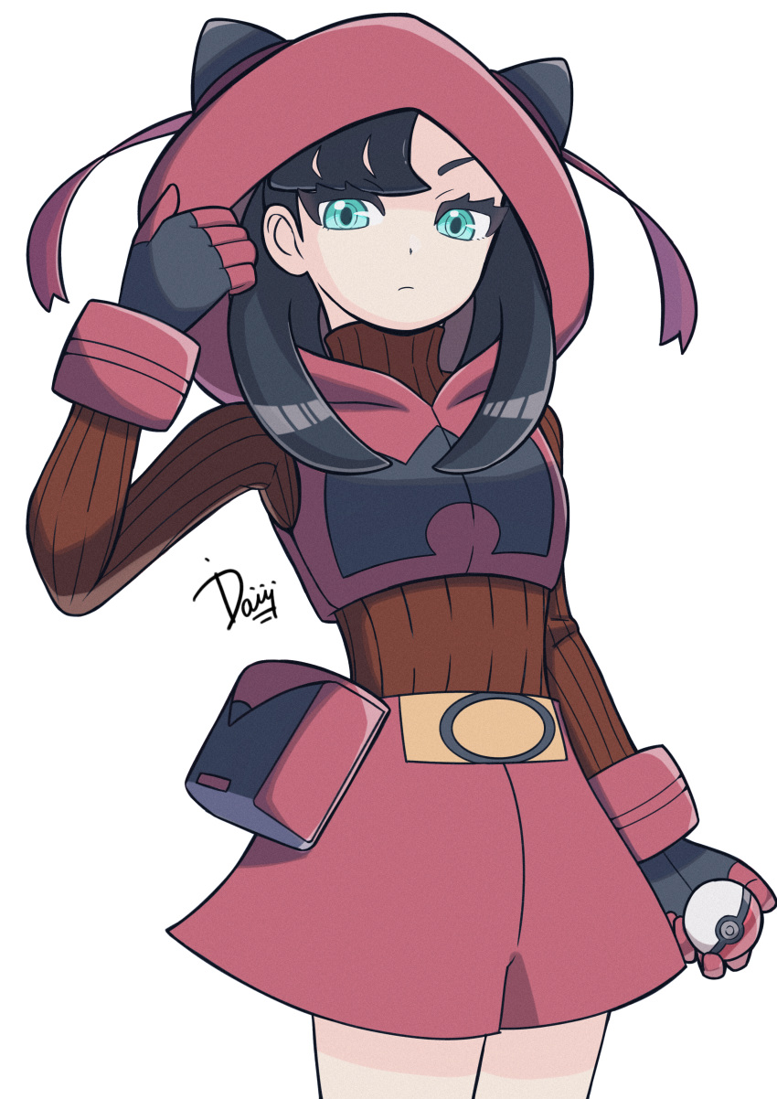 1girl, absurdres, alternate_costume, belt_pouch, black_hair, brown_sweater, expressionless, gloves