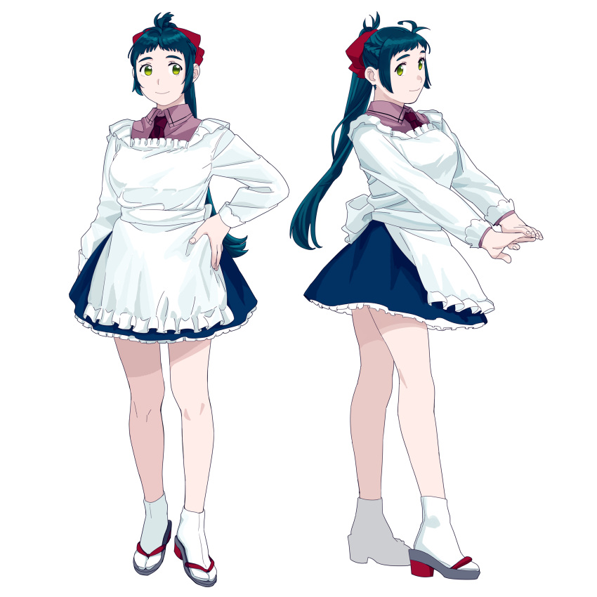 1girl, absurdres, blue_hair, commentary_request, eyebrows_visible_through_hair, full_body, green_eyes, hair_ribbon