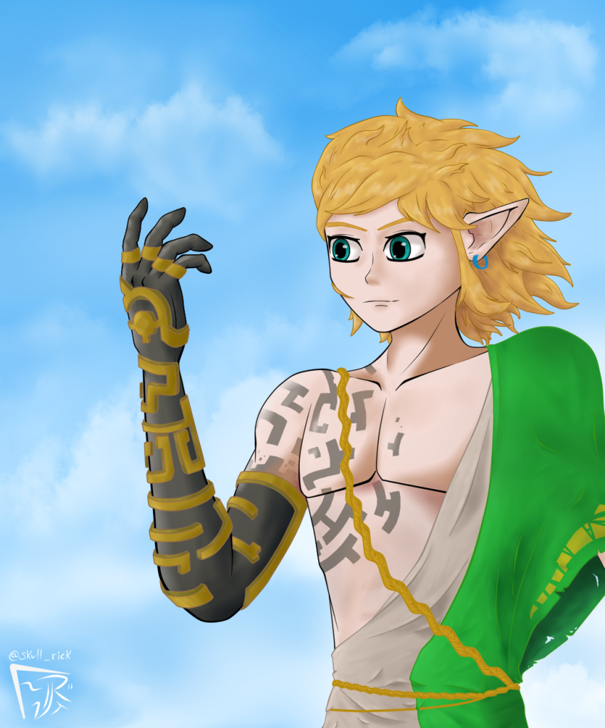 1boy, artist_name, bare_pectorals, blonde_hair, blue_eyes, blue_sky, clouds, cloudy_sky
