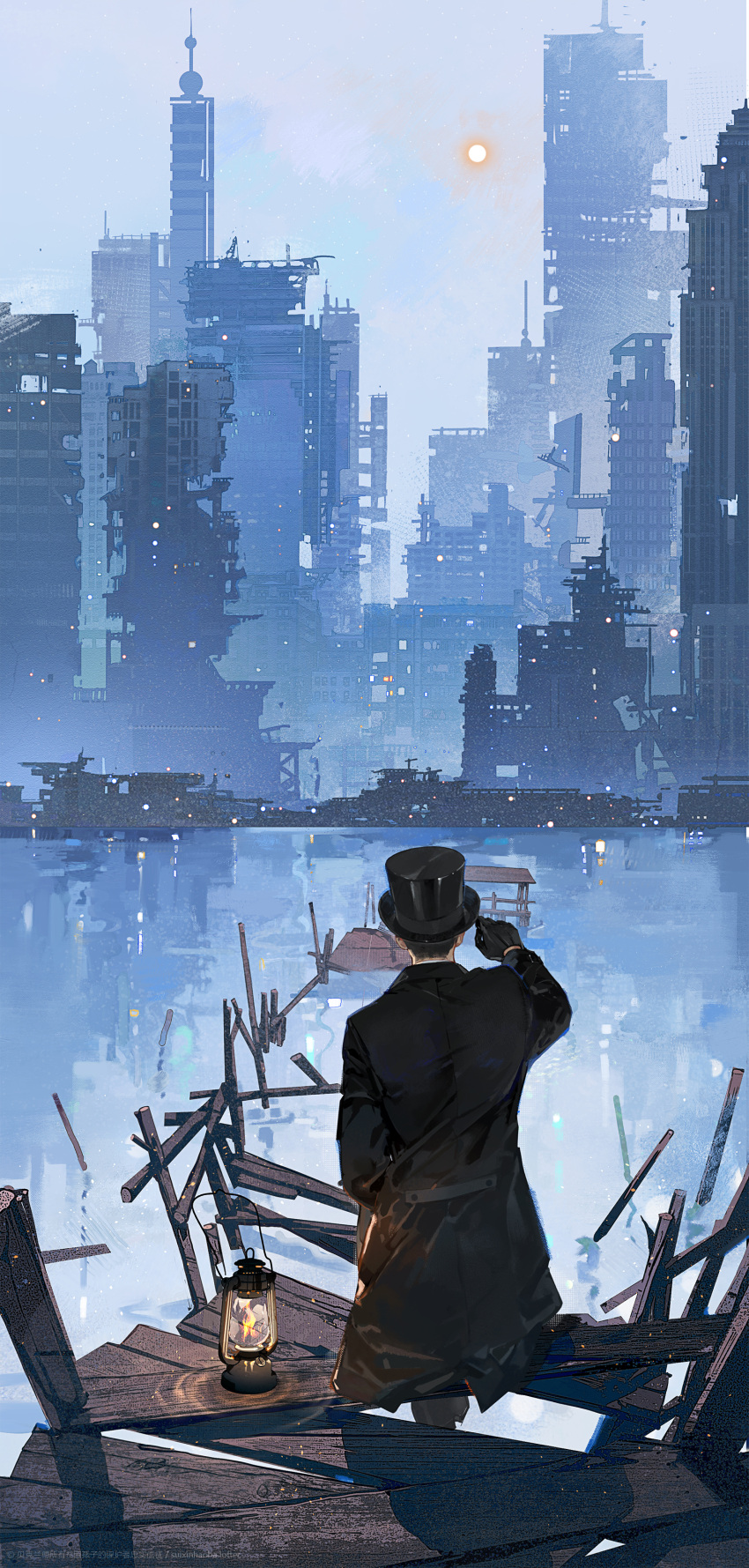 1boy, absurdres, black_coat, black_headwear, building, chinese_commentary, city, clear_sky, coat, commentary_request, dock, fire, hand_up, hat, highres, klein_moretti, lamp, looking_afar, lord_of_the_mysteries, oil_lamp, ruins, skyscraper, solo, suixinhaoba, sun, top_hat, water, watermark