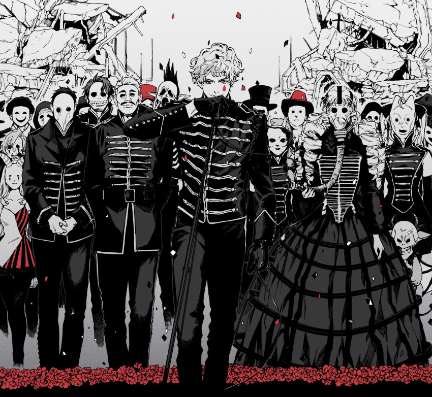 6+boys, 6+girls, baton_(instrument), black_dress, cosplay, cowboy_hat, dress, drill_hair