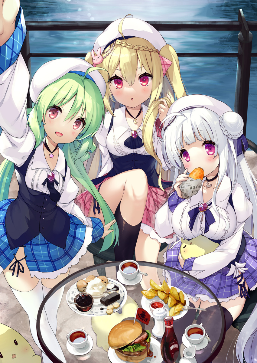 3girls, :d, :o, azur_lane, blonde_hair, comet_(azur_lane), crescent_(azur_lane), cygnet_(azur_lane)