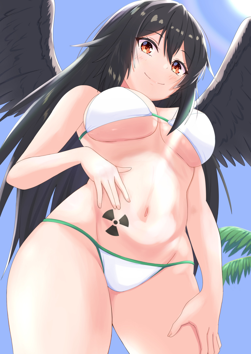 1girl, absurdres, bangs, bikini, bird_wings, black_hair, black_wings, blue_sky