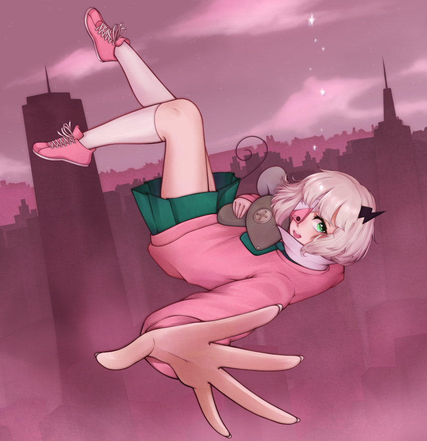 1girl, building, commission, commissioner_upload, crying, eyepatch, fallen_down, green_eyes, green_neckwear, green_skirt, greharts, grey_hair, grey_legwear, highres, legs, long_sleeves, miniskirt, open_mouth, pink_footwear, pink_sweater, pleated_skirt, ruru_(shinsei_kamattechan), shinsei_kamattechan, shirt, shoes, short_hair, skirt, smile, socks, stuffed_animal, stuffed_mouse, stuffed_toy, sweater, tears, wing_collar