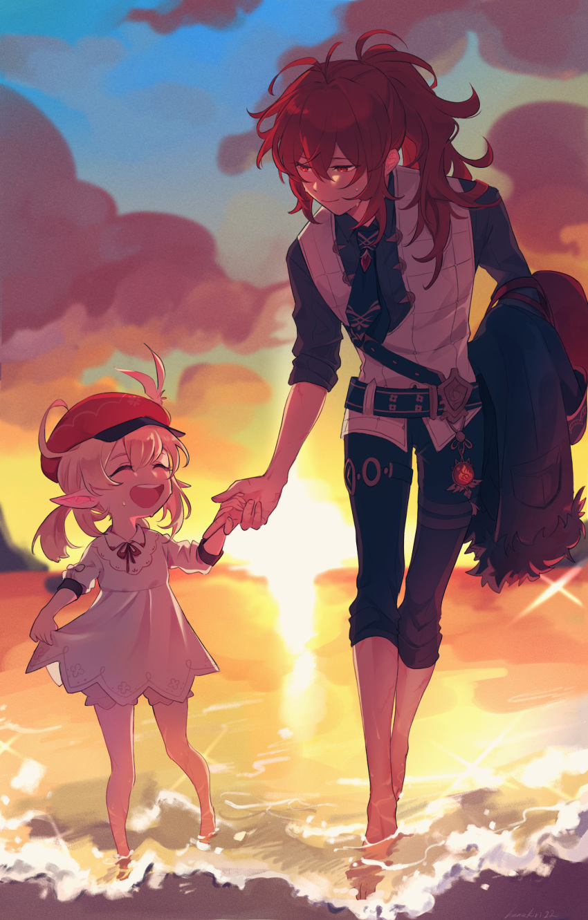 1boy, 1girl, :d, ^_^, ^o^, absurdres, ahoge, alternate_costume, bangs, beach, belt, black_pants, bloomers, blurry, bow, bowtie, cabbie_hat, carrying_clothes, closed_eyes, clouds, cloudy_sky, coat, coat_removed, commentary_request, depth_of_field, diluc_(genshin_impact), dress, eyebrows_visible_through_hair, genshin_impact, hair_between_eyes, hat, hat_feather, hat_ornament, highres, holding_hands, in_water, kiri220727, klee_(genshin_impact), long_hair, looking_at_another, low_twintails, necktie, ocean, open_mouth, pants, pointy_ears, red_eyes, redhead, sidelocks, size_difference, sky, smile, sunset, sweat, twilight, twintails, underwear, vest, white_dress