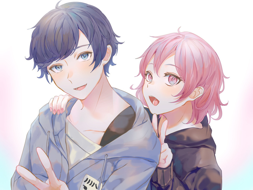 1boy, 1girl, blue_eyes, blue_hair, couple, highres, hood, hoodie