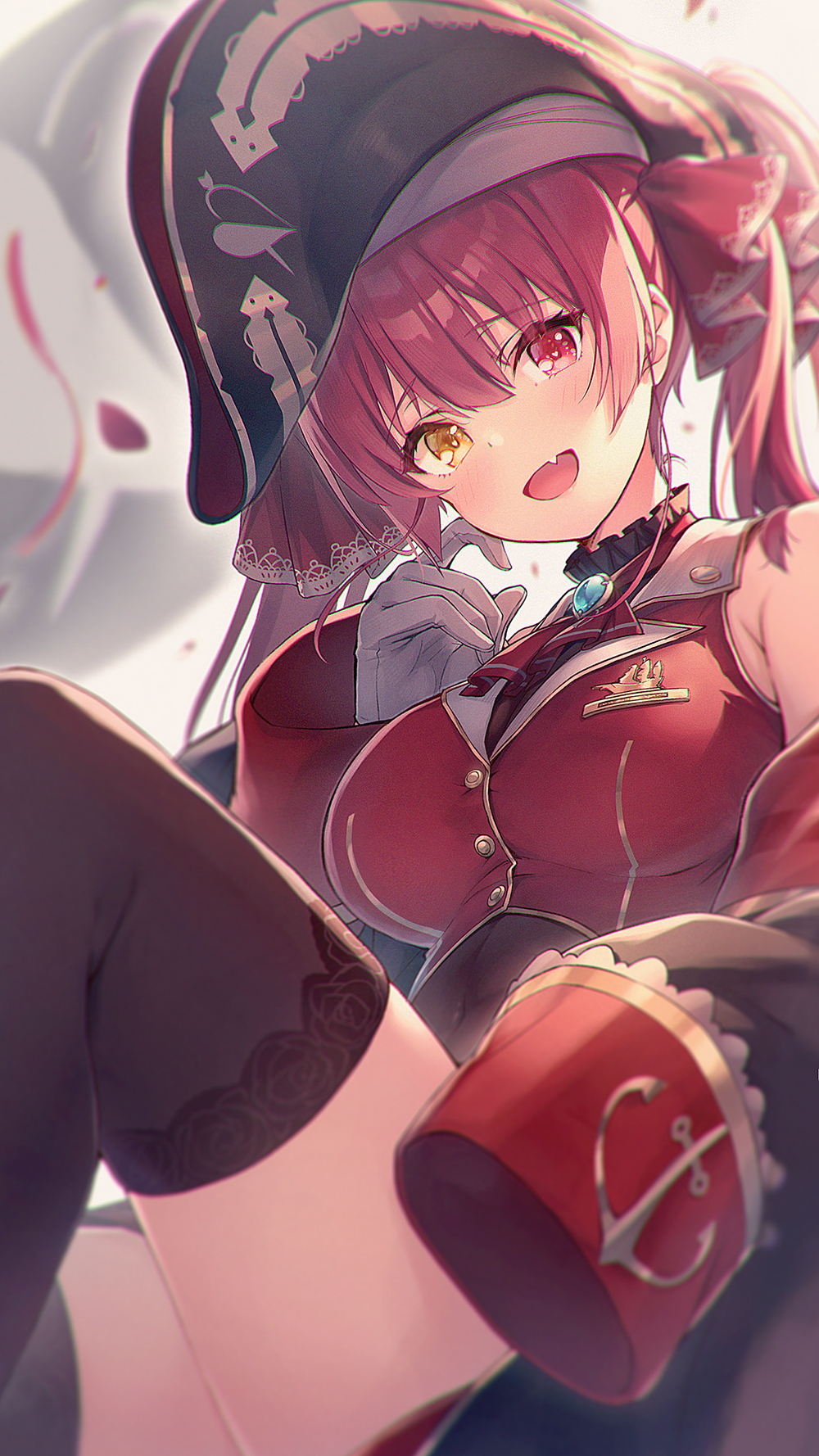 1girl, :d, blush, breasts, chihiro_ayaka, eyebrows_visible_through_hair, gloves, hat, heterochromia, hololive, houshou_marine, open_mouth, pirate, pirate_hat, smile, thigh-highs, thighs