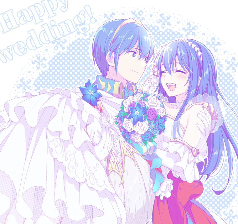 1boy, 1girl, blue_eyes, blue_hair, blush, bouquet, caeda_(fire_emblem), carrying