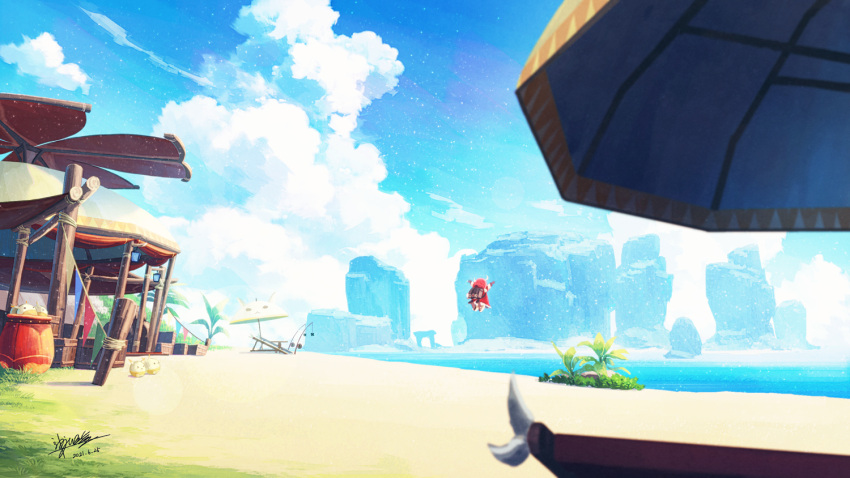 1girl, backpack, bag, bag_charm, beach, beach_chair, beach_umbrella, blue_sky