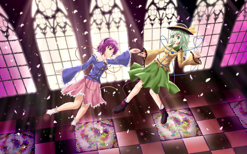 2girls, bow, c.z., green_eyes, green_hair, hat, heart, komeiji_koishi