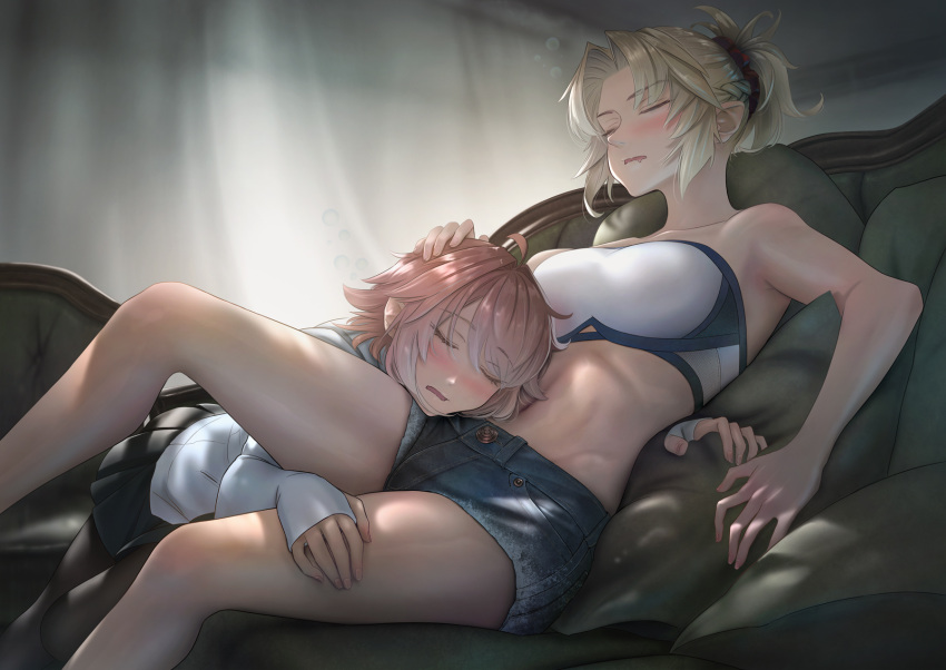1boy, 1girl, astolfo_(fate), bandeau, bangs, bare_shoulders, black_skirt, blue_shorts