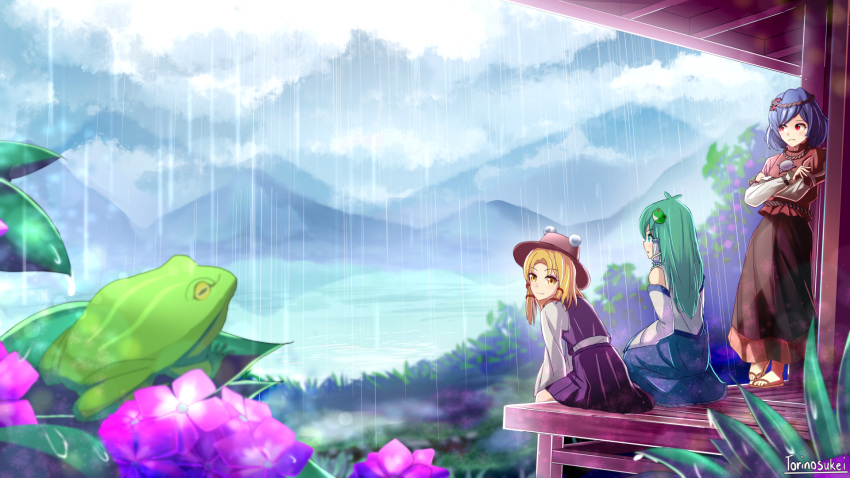 3girls, :o, artist_name, blonde_hair, blue_eyes, blue_hair, blue_skirt, brown_headwear