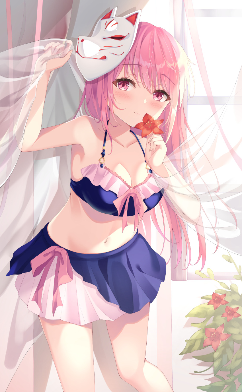 1girl, absurdres, arms_up, bangs, bikini, blue_bikini, blue_bra, blue_skirt