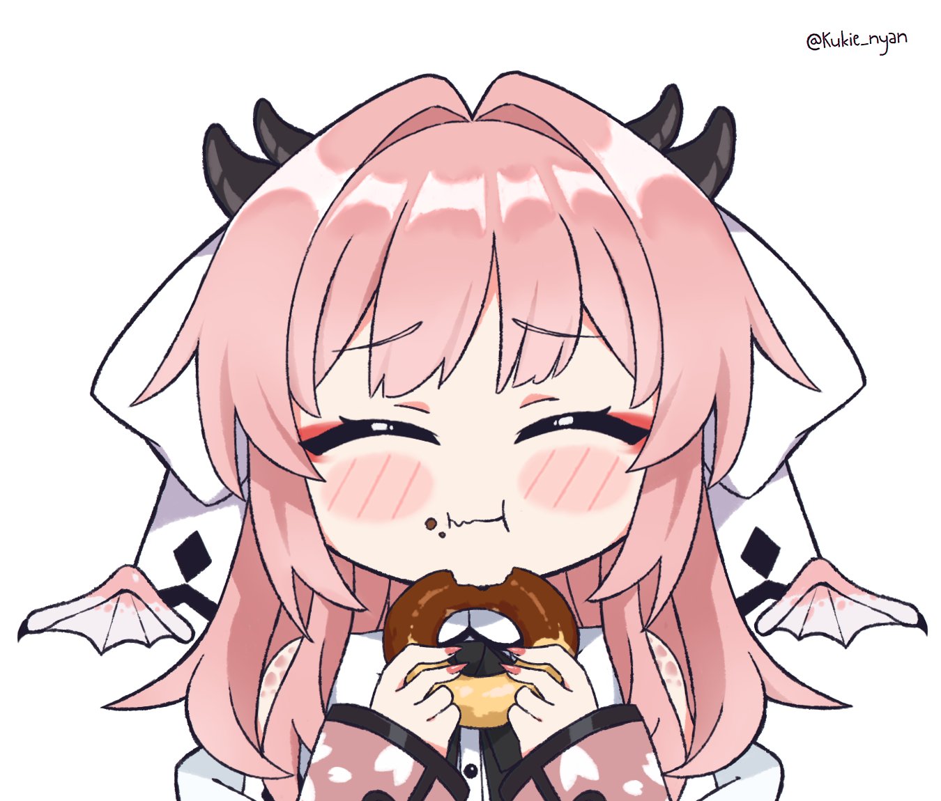 1girl, atelier_live, bare_shoulders, closed_eyes, closed_mouth, doughnut, dragon_girl, dragon_horns