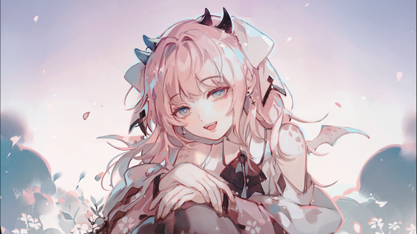 1girl, atelier_live, bare_shoulders, dragon_horns, earrings, eyebrows_visible_through_hair, fingernails, flower