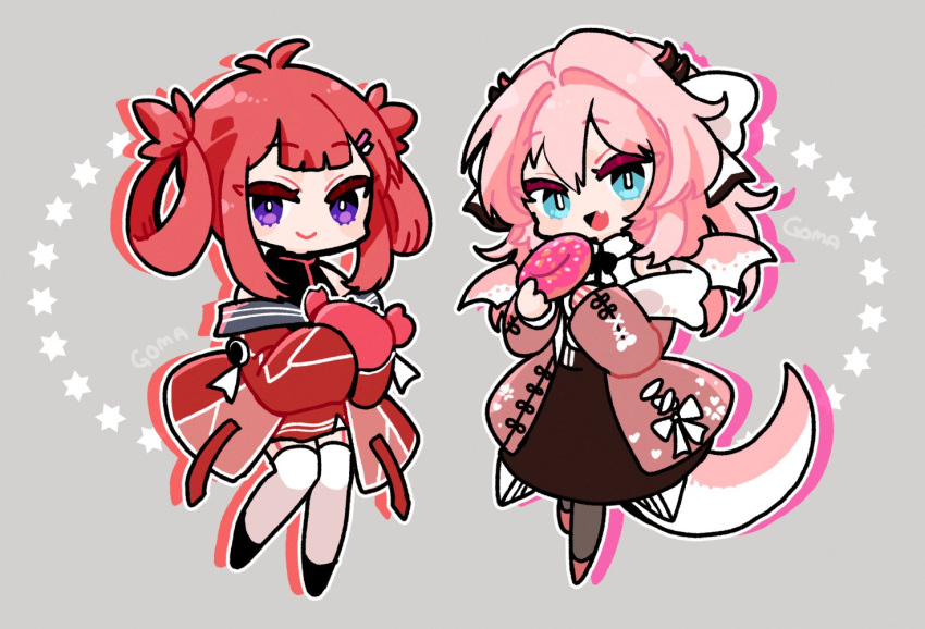 2girls, arthropod_girl, atelier_live, blue_eyes, crab, crab_girl, dragon_girl, dragon_horns, eyebrows_visible_through_hair, fang, goma_yammy, hair_ribbon, horns, kani_kanizawa, kuzuryu_io, long_sleeves, looking_at_viewer, multiple_girls, pink_hair, redhead, ribbon, tail, violet_eyes, virtual_youtuber, wings