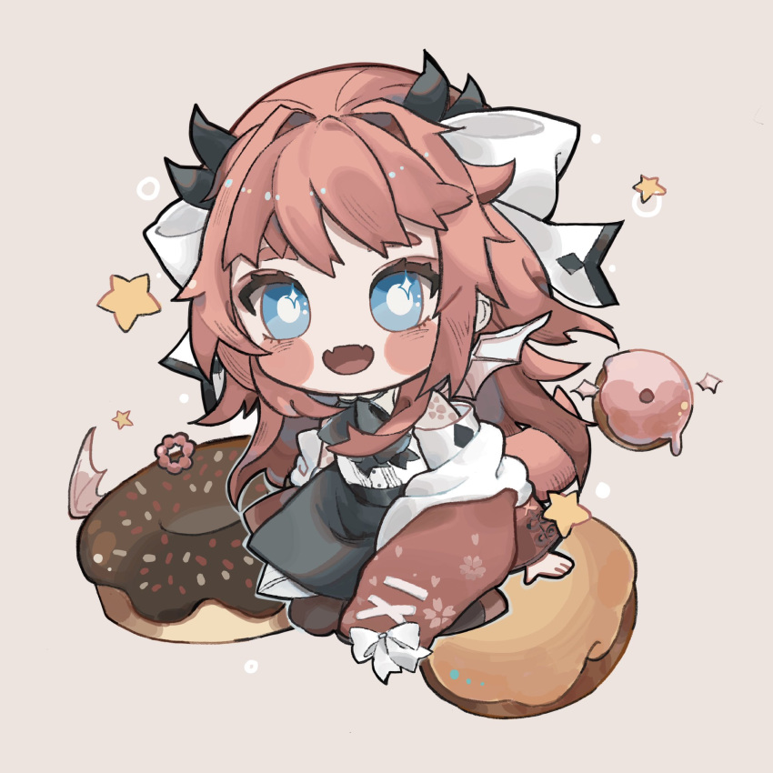 1girl, atelier_live, bangs, blue_eyes, chibi, doughnut, dragon_girl, dragon_horns