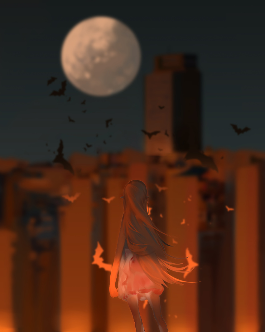 1girl, absurdres, babydoll, back, bat, blonde_hair, city, cityscape
