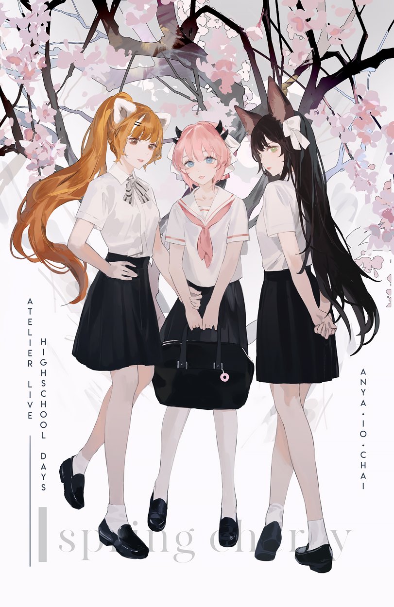 animal_ear_fluff, animal_ears, anya_pandaria, atelier_live, bangs, black_hair, chai_(vtuber), dragon_girl, dragon_horns, fox_ears, fox_girl, green_eyes, hair_ribbon, highres, horns, kuzuryu_io, long_hair, looking_at_viewer, orange_hair, pink_hair, red_panda_girl, ribbon, school_uniform, virtual_youtuber, yueko_(jiayue_wu)