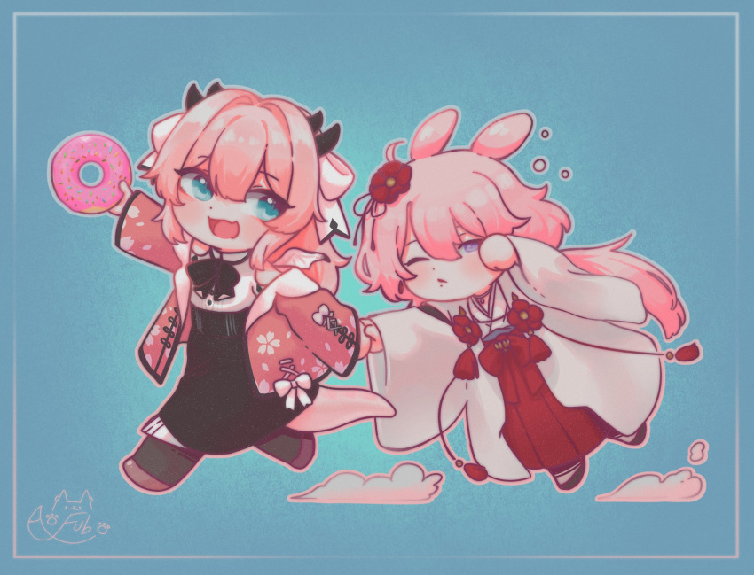 2girls, animal_ears, atelier_live, bangs, chibi, dragon_girl, dragon_horns, fubkzm